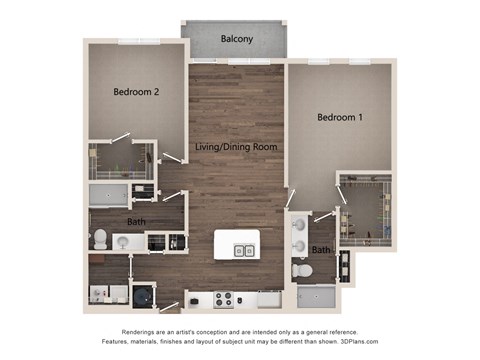 Floor plan for 2 beds, 2 baths, 1176 sqft